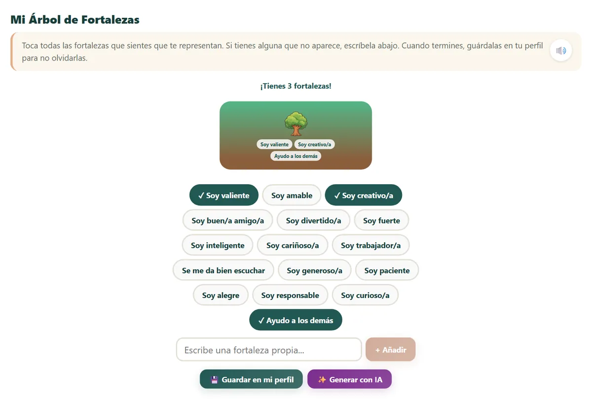 Árbol de fortalezas en la app: un árbol con tres fortalezas elegidas y la lista de fortalezas para elegir