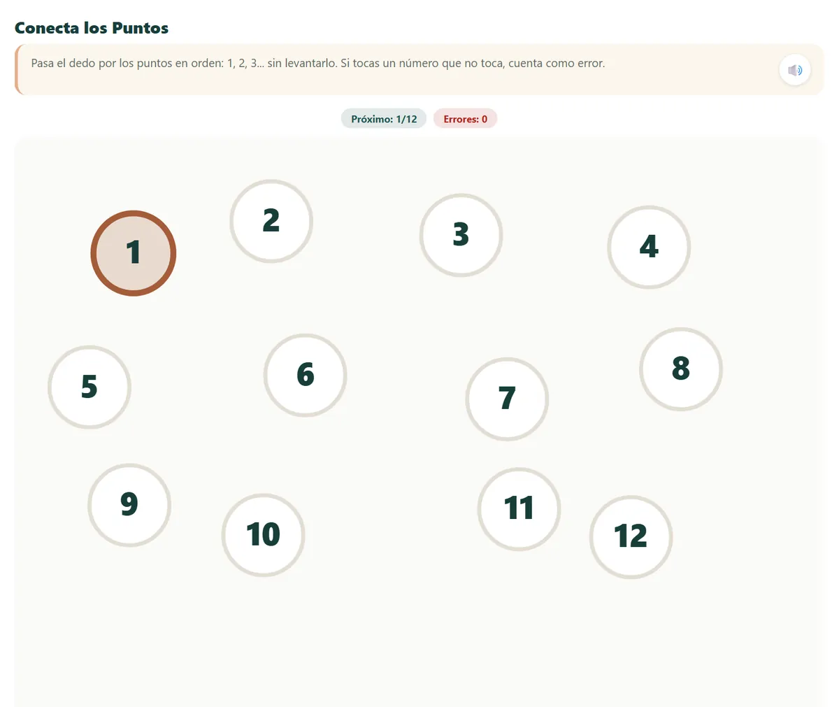 Conecta los puntos en la app: doce puntos numerados repartidos por la pantalla, con el 1 marcado como el siguiente
