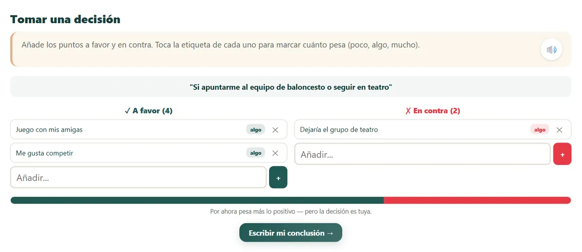Tomar una Decisión en la app, con un ejemplo ficticio: una decisión escrita, dos puntos a favor, uno en contra y una barra que compara su peso
