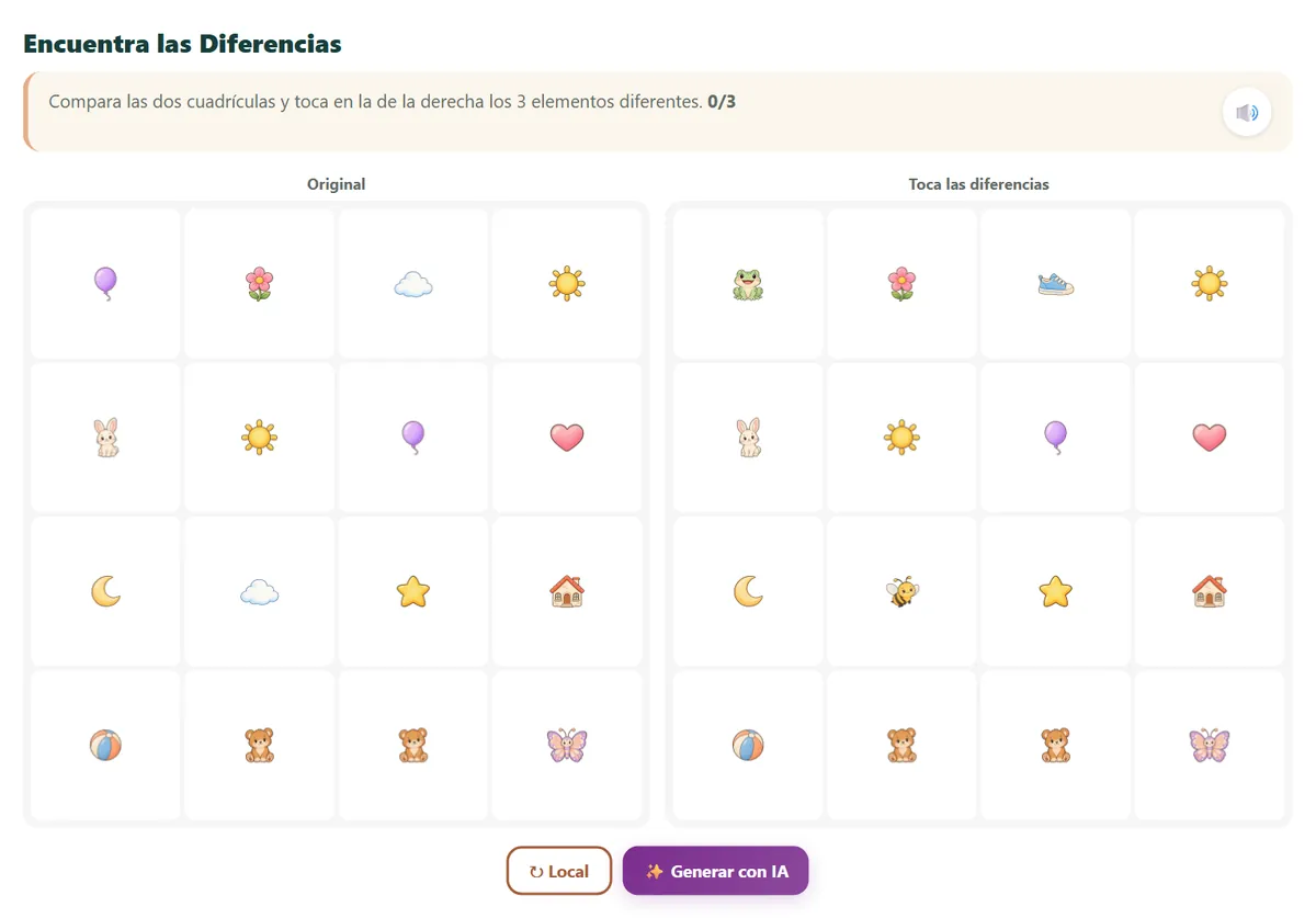 Encuentra diferencias en la app: dos cuadrículas de dibujos casi iguales, con el contador de diferencias encontradas a cero