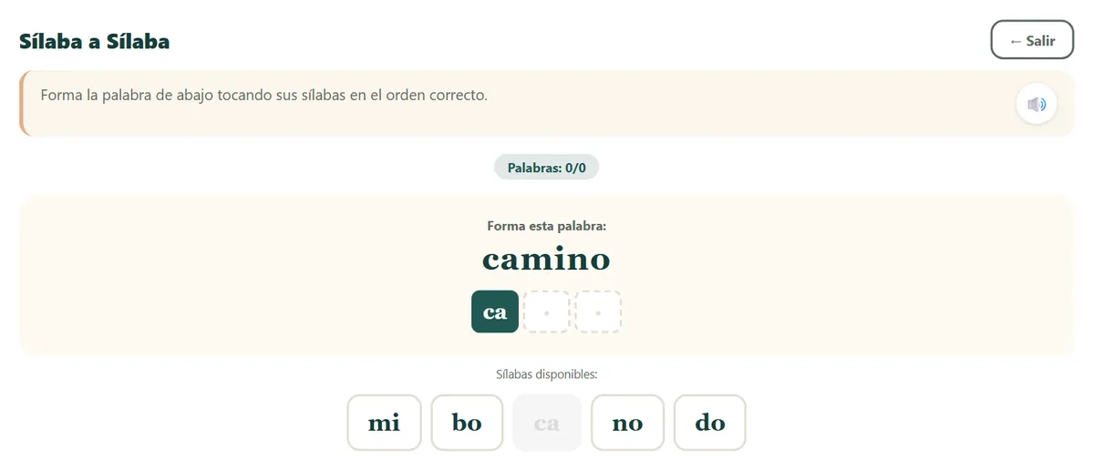 Sílaba a sílaba en la app: la palabra camino a medio formar, con la sílaba ca ya colocada y cinco sílabas para elegir
