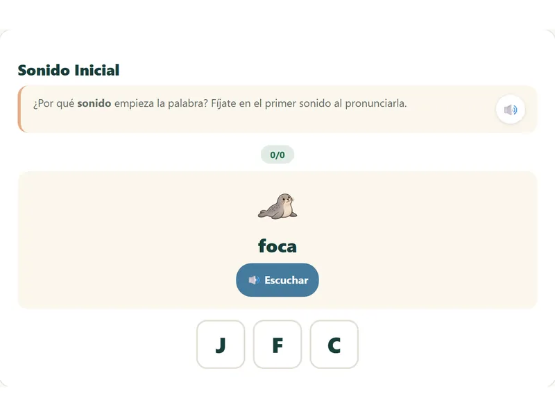 Sonido inicial en la versión de demostración: el dibujo de una foca, el botón Escuchar y tres letras para elegir