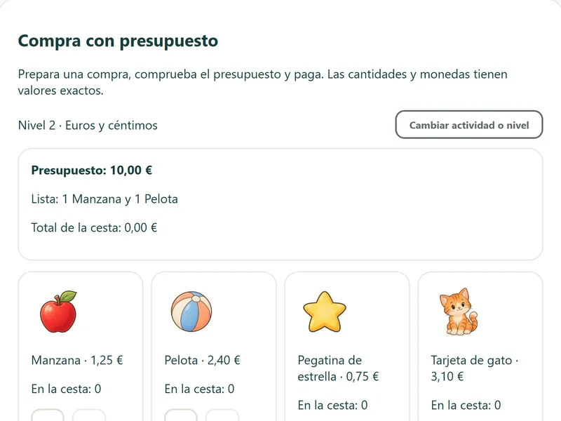 Compra con presupuesto en la versión de demostración: un presupuesto de 10 euros y productos con su precio