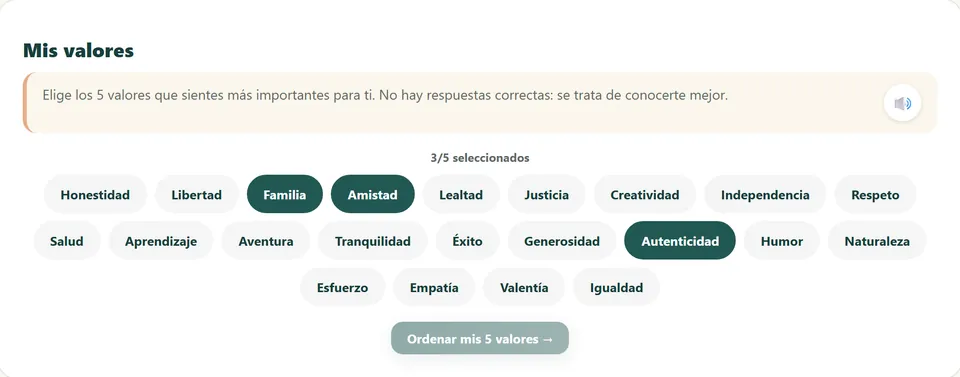 Mis Valores en la versión de demostración, con perfil adolescente