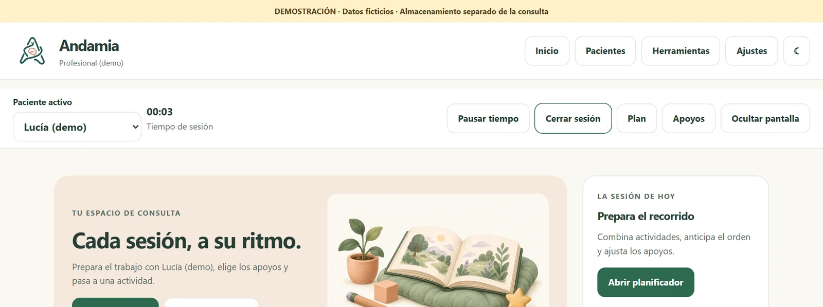 Barra superior de Andamia con la paciente activa Lucía (demo), el tiempo de sesión en marcha y los botones Pausar tiempo y Cerrar sesión. Arriba, el aviso de demostración con datos ficticios.